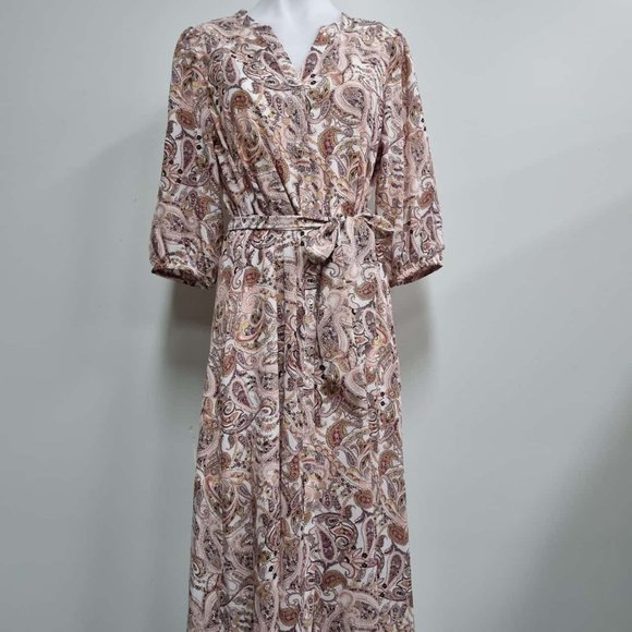 Pink Paisley Long Sleeve Button Down Shirt Midi Dress - Picture 4 of 8